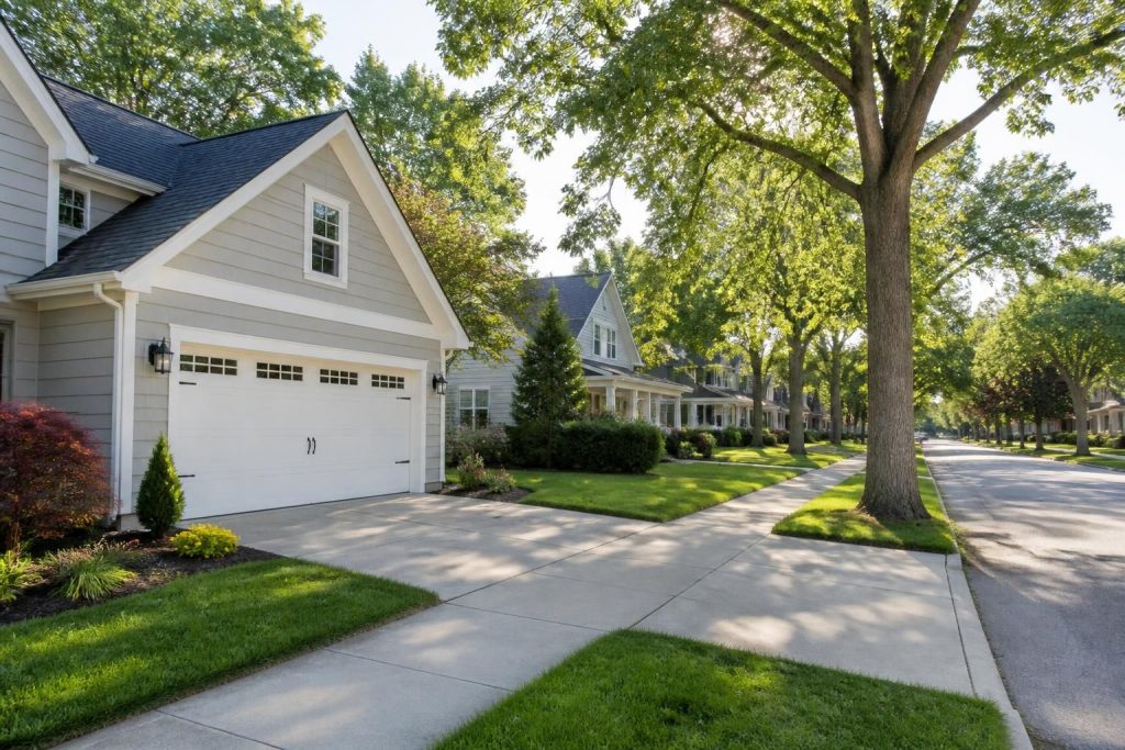 Peaceful Brookville street with neat homes and garages.