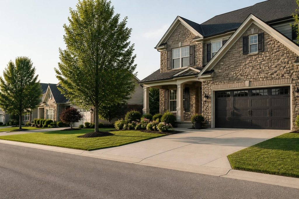 Centerville neighborhood with upscale homes and garage doors.