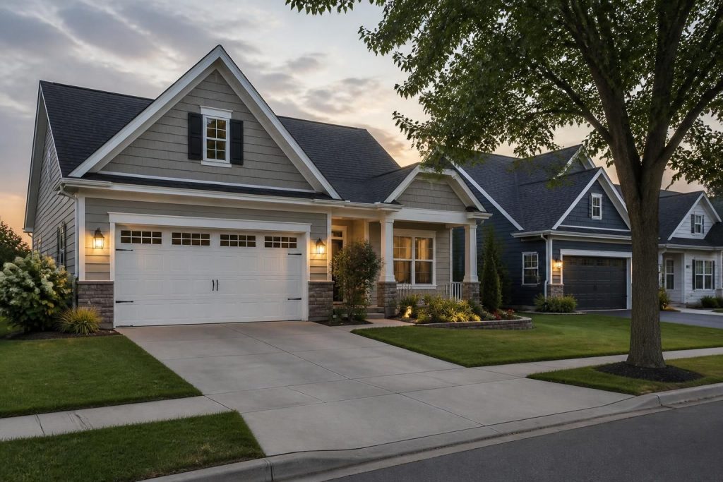 Tidy Clayton neighborhood with homes and garage doors.