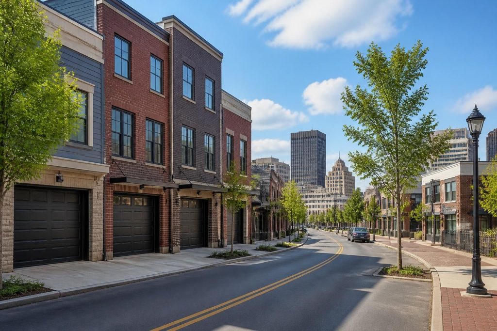Clean Dayton streets with well-kept buildings and garages.