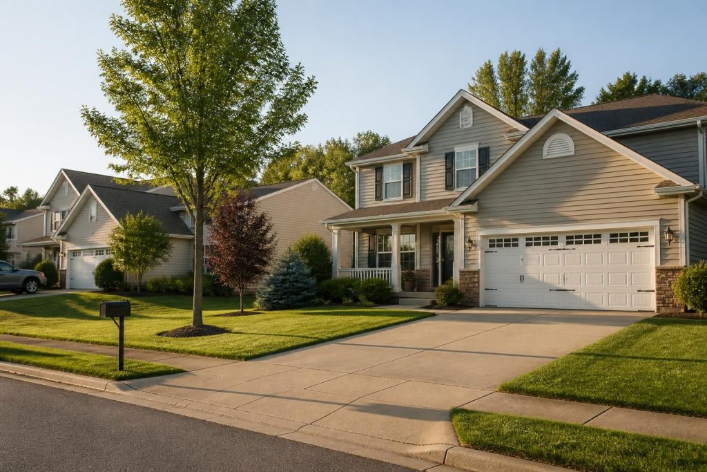 Well-kept Englewood neighborhood with homes and garages.