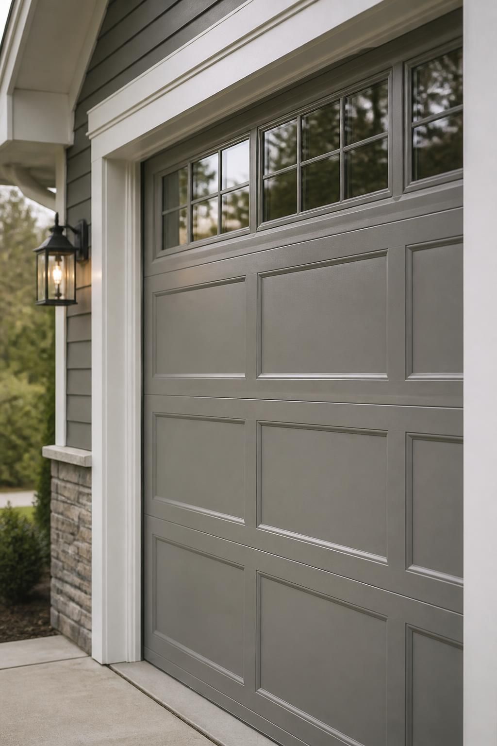 Finished garage door installation with clean trim and hardware.