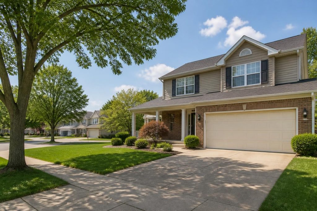 Suburban Huber Heights homes with visible garage doors.