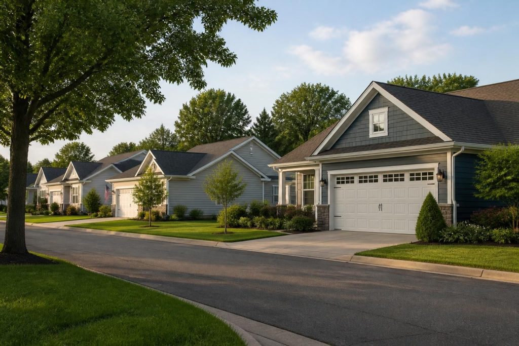Quiet New Lebanon street with tidy homes and garages.