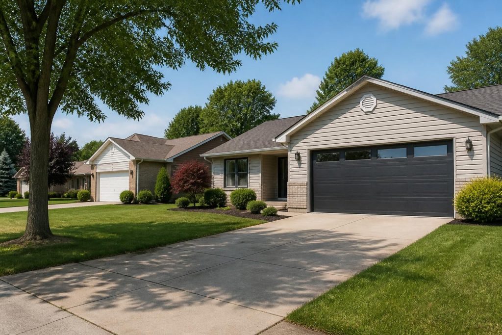 Trotwood neighborhood with tidy homes and garage doors.